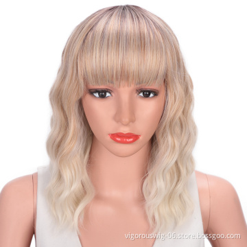 Vigorous Glueless Heat Friendly Wholesale Short Vendor Cheap Ombre Blonde White Wavy High Grade Synthetic Wig